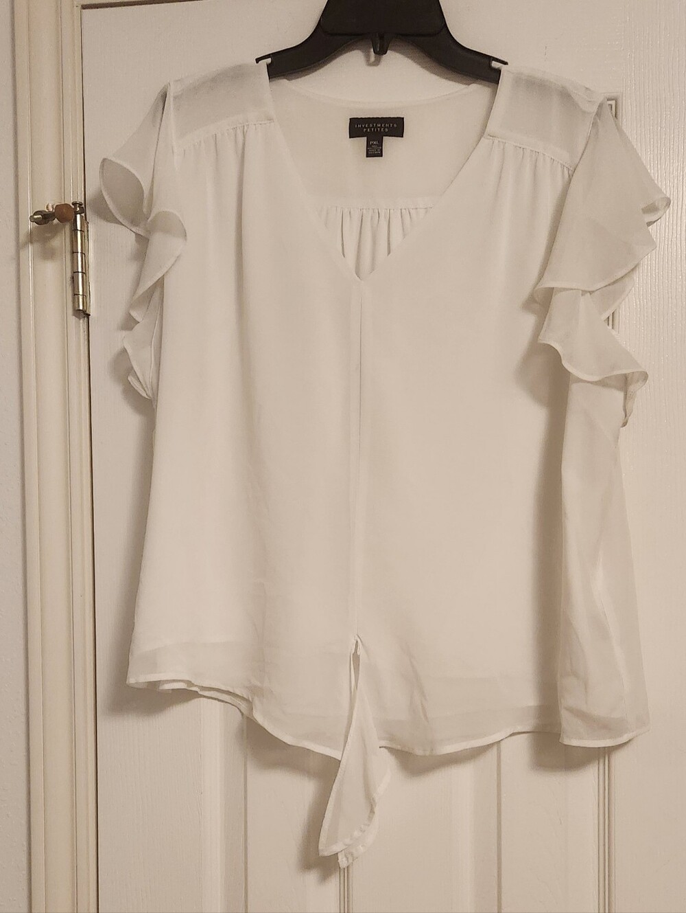 White V-Neck Ruffle Sleeve Blouse with Front Tie Accent